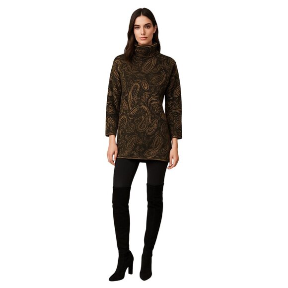 Vintage 80s 90s Liz Claiborne Wool Blend Sweater Tunic Black Gold Paisley M - Picture 1 of 10